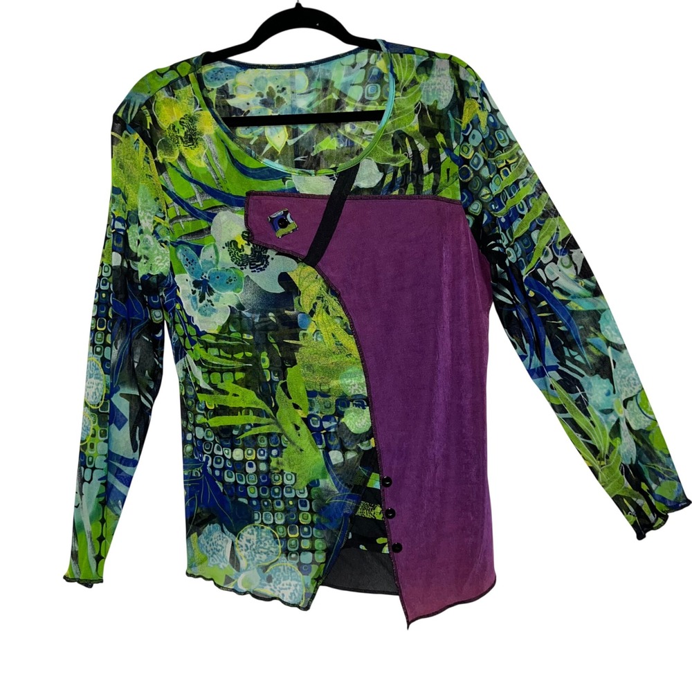 Sheer Mesh Abstract Floral Asymmetrical Top Y2K Artsy Layered Long Sleeve